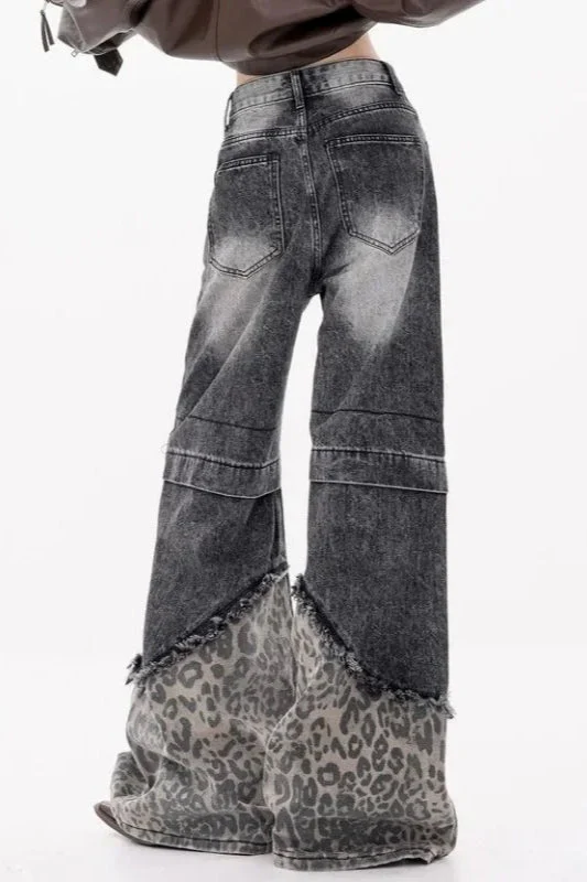 Patchwork Leopard Wide Leg Jeans - Image 14