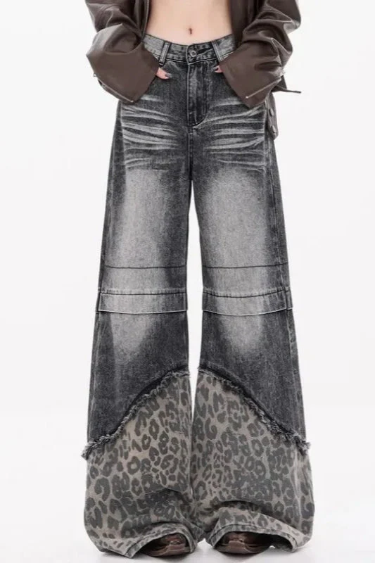 Patchwork Leopard Wide Leg Jeans - Image 18