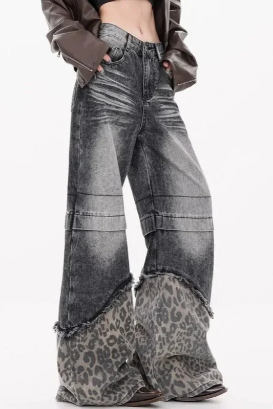 Patchwork Leopard Wide Leg Jeans - Image 3