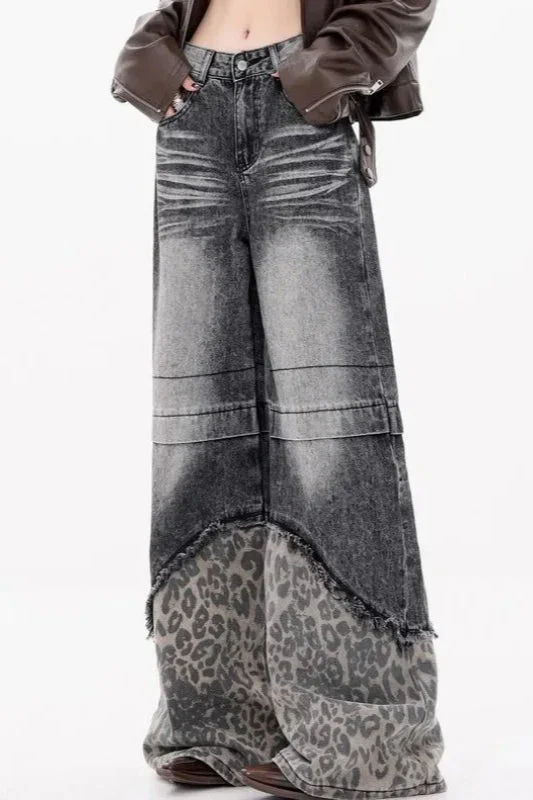 Patchwork Leopard Wide Leg Jeans - Image 9