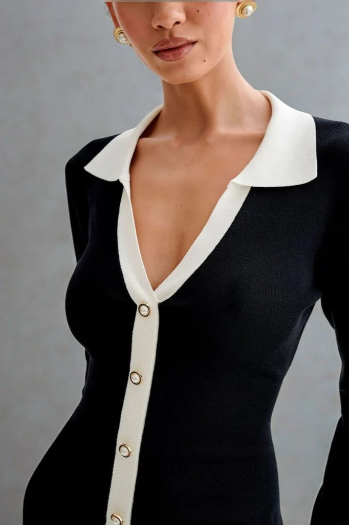 Pearl Button Ruffled Collar Knit Sweater Dress - Image 2