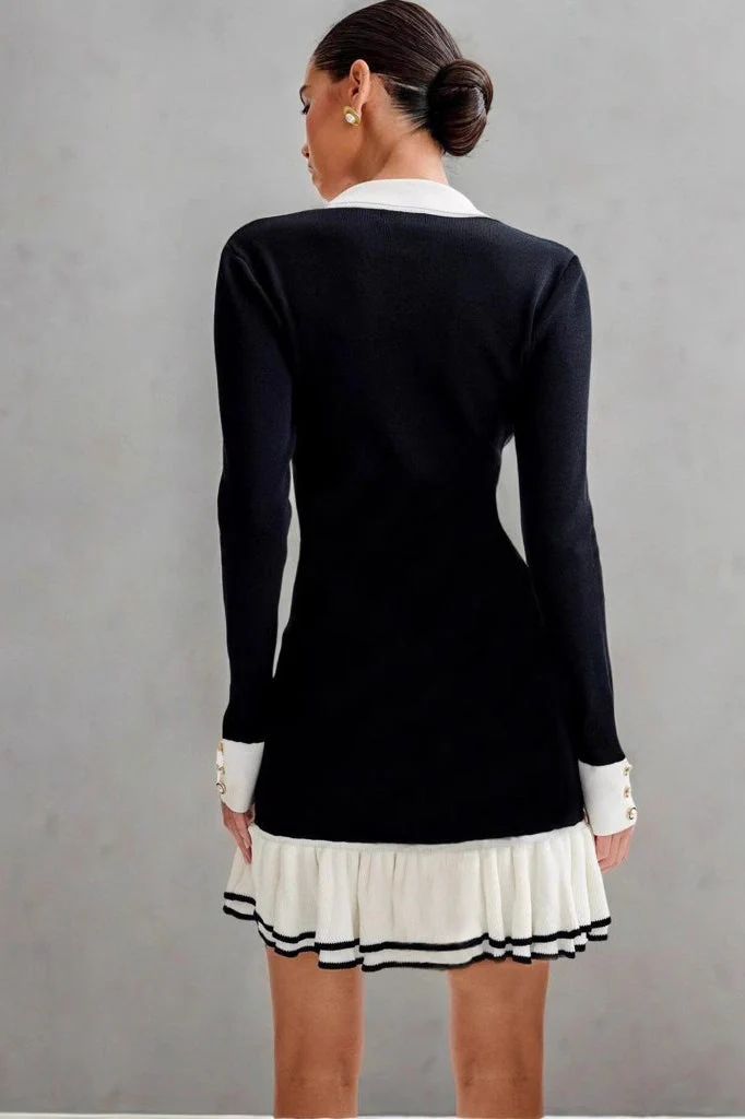 Pearl Button Ruffled Collar Knit Sweater Dress - Image 3