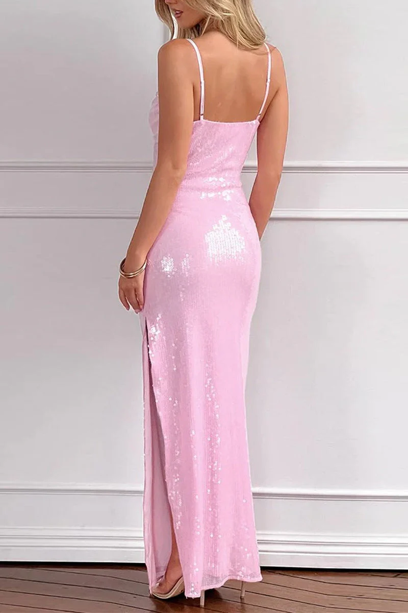 Pink Sequin V-Neck Slit Party Dress - Image 2
