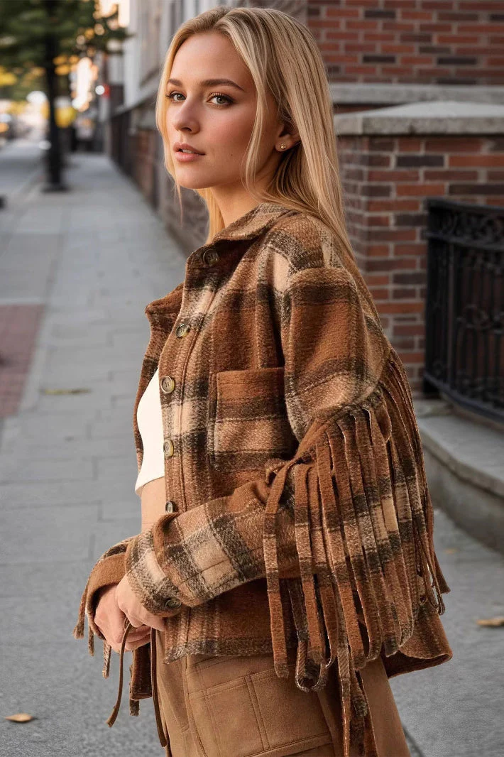 Plaid Fringe Wool Crop Coat - Image 2