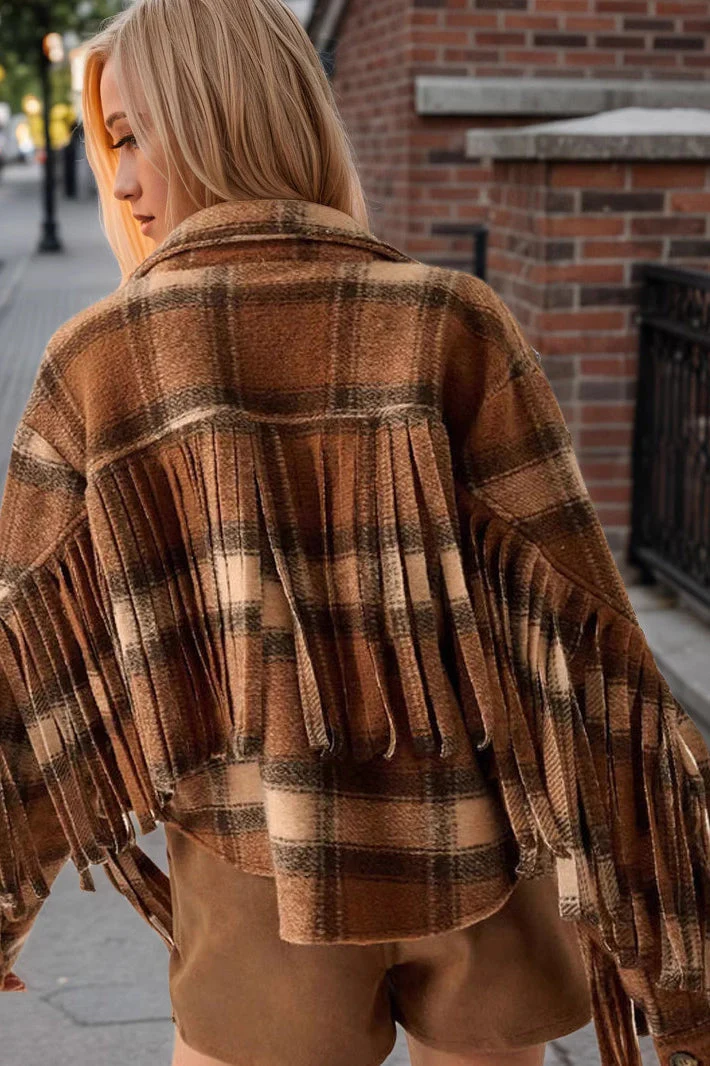Plaid Fringe Wool Crop Coat - Image 3