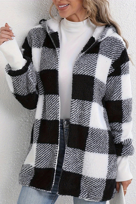 Plaid Fuzzy Hooded Mid-Length Coat - Image 2