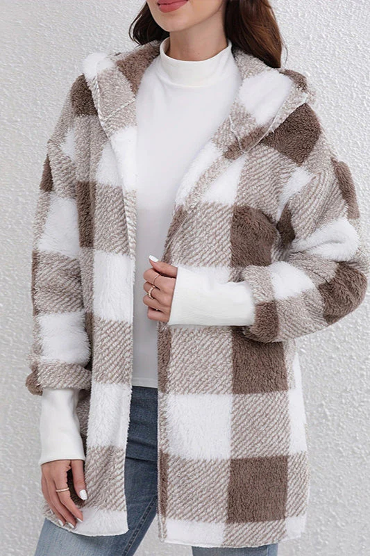 Plaid Fuzzy Hooded Mid-Length Coat - Image 3
