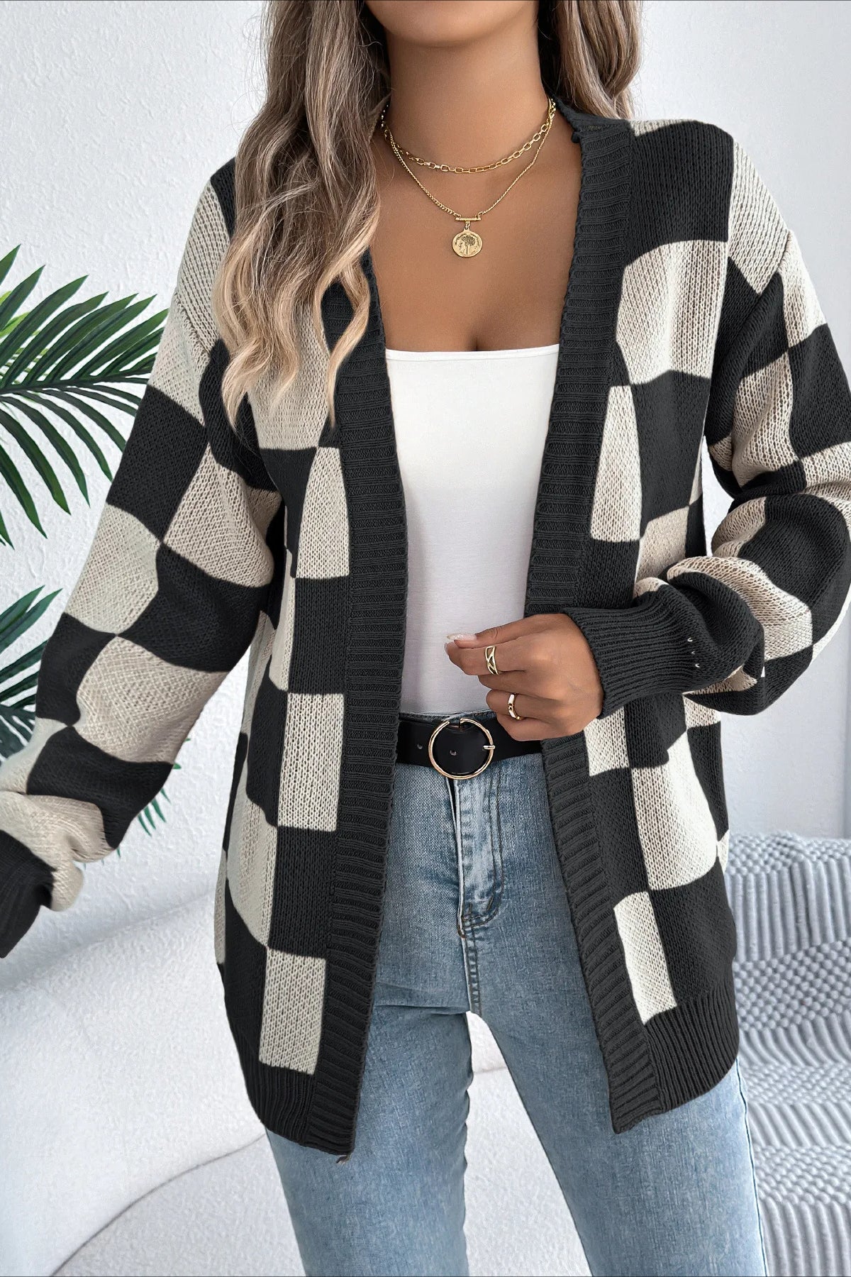 Plaid Knit Casual Loose Cardigan - Image 4