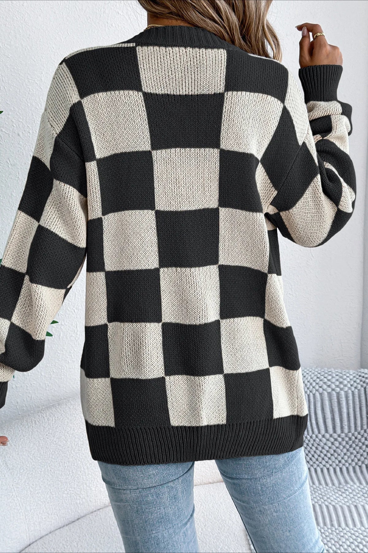 Plaid Knit Casual Loose Cardigan - Image 5
