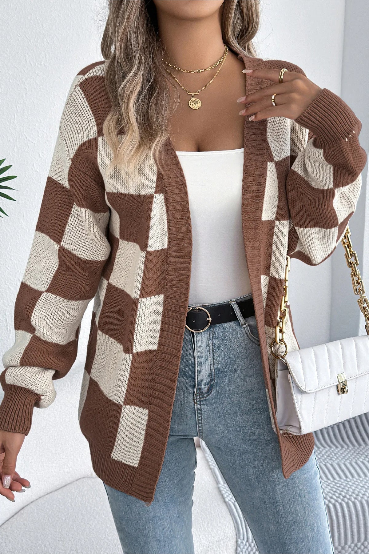 Plaid Knit Casual Loose Cardigan - Image 7