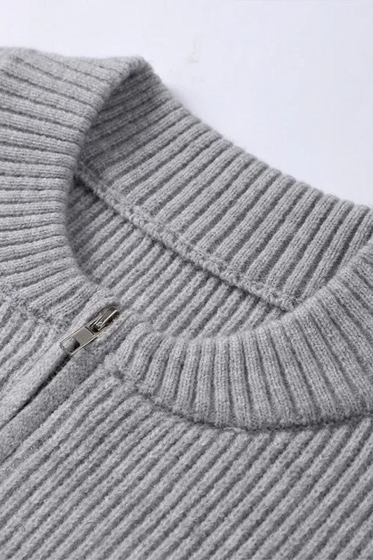 Pleated Knit O Neck Zipper Cardigan - Image 9