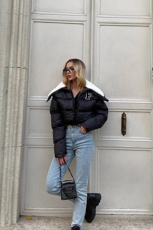 Polar Fleece Patchwork Faux Fur Collar Puffer Jacket - Image 12
