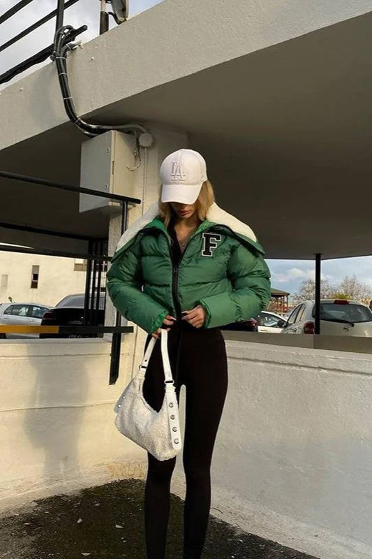Polar Fleece Patchwork Faux Fur Collar Puffer Jacket - Image 18