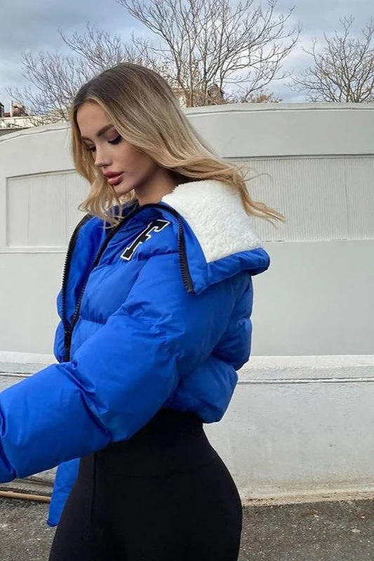 Polar Fleece Patchwork Faux Fur Collar Puffer Jacket - Image 3