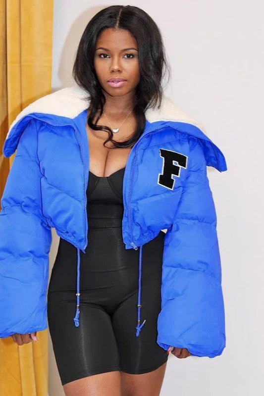 Polar Fleece Patchwork Faux Fur Collar Puffer Jacket - Image 5