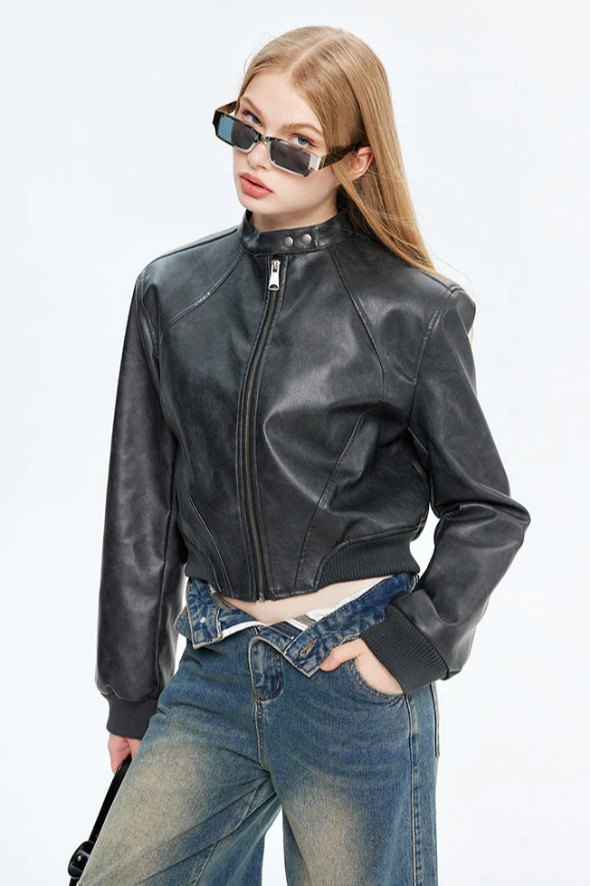 PU Leather Zip Up Bomber Jacket - Image 13