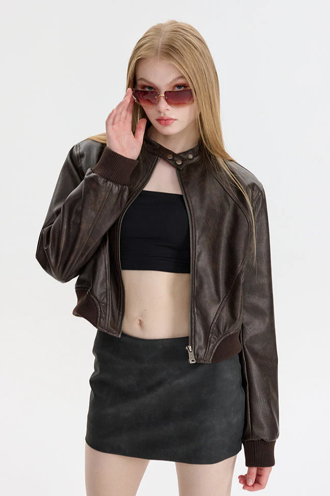PU Leather Zip Up Bomber Jacket - Image 2