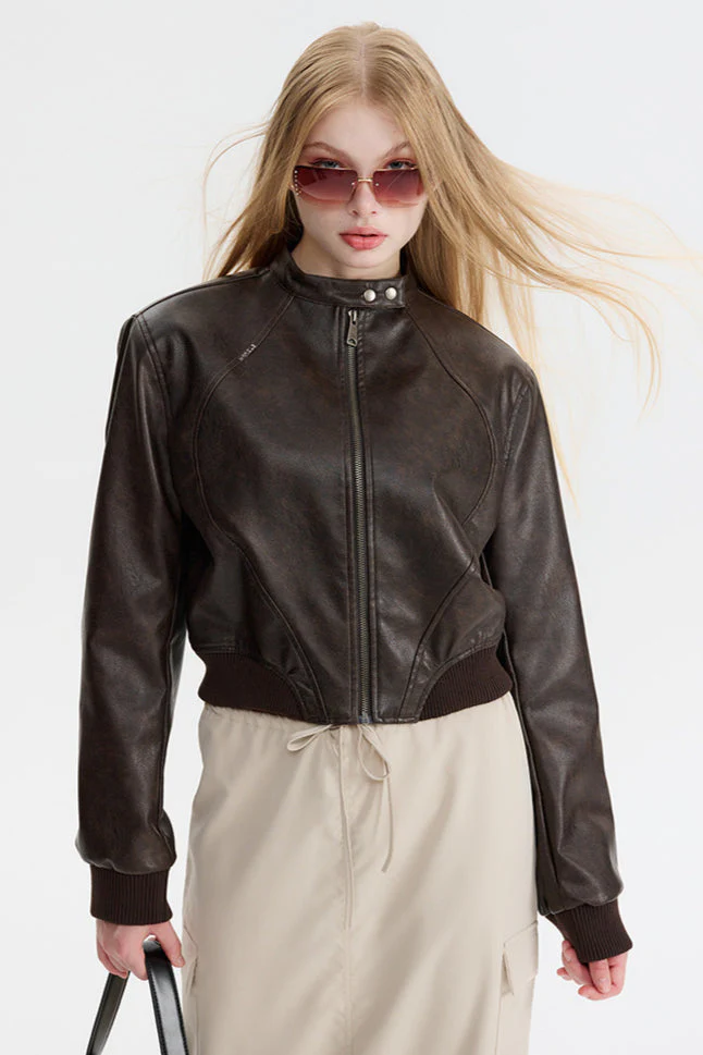 PU Leather Zip Up Bomber Jacket - Image 7