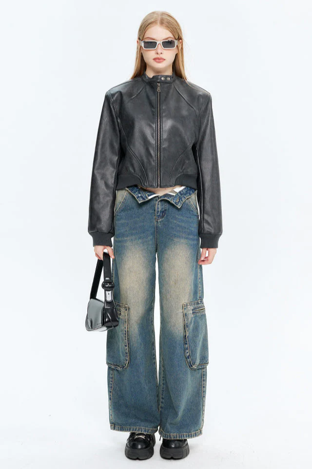 PU Leather Zip Up Bomber Jacket - Image 8