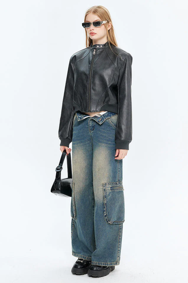 PU Leather Zip Up Bomber Jacket - Image 9