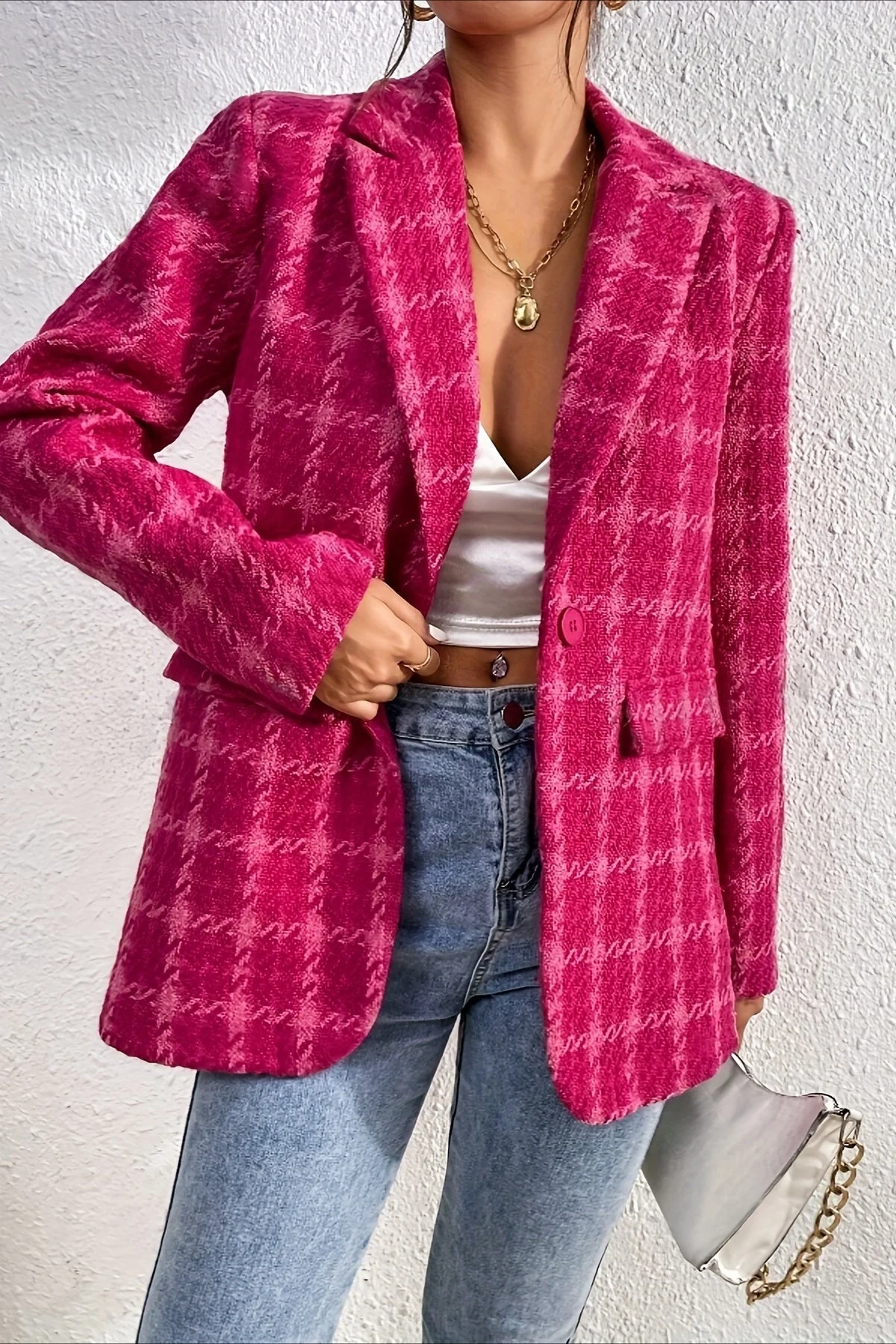 Red Plaid Elegant Blazer Coat - Image 2
