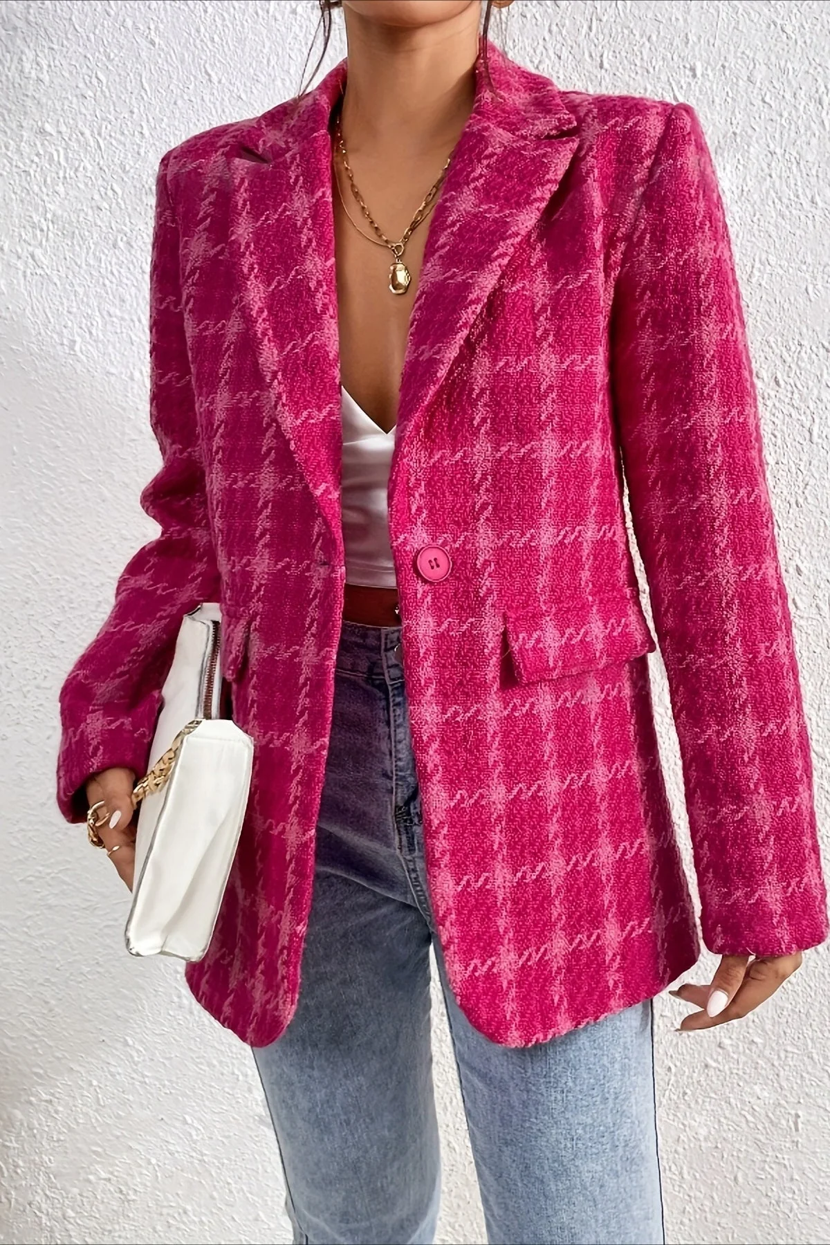 Red Plaid Elegant Blazer Coat - Image 3