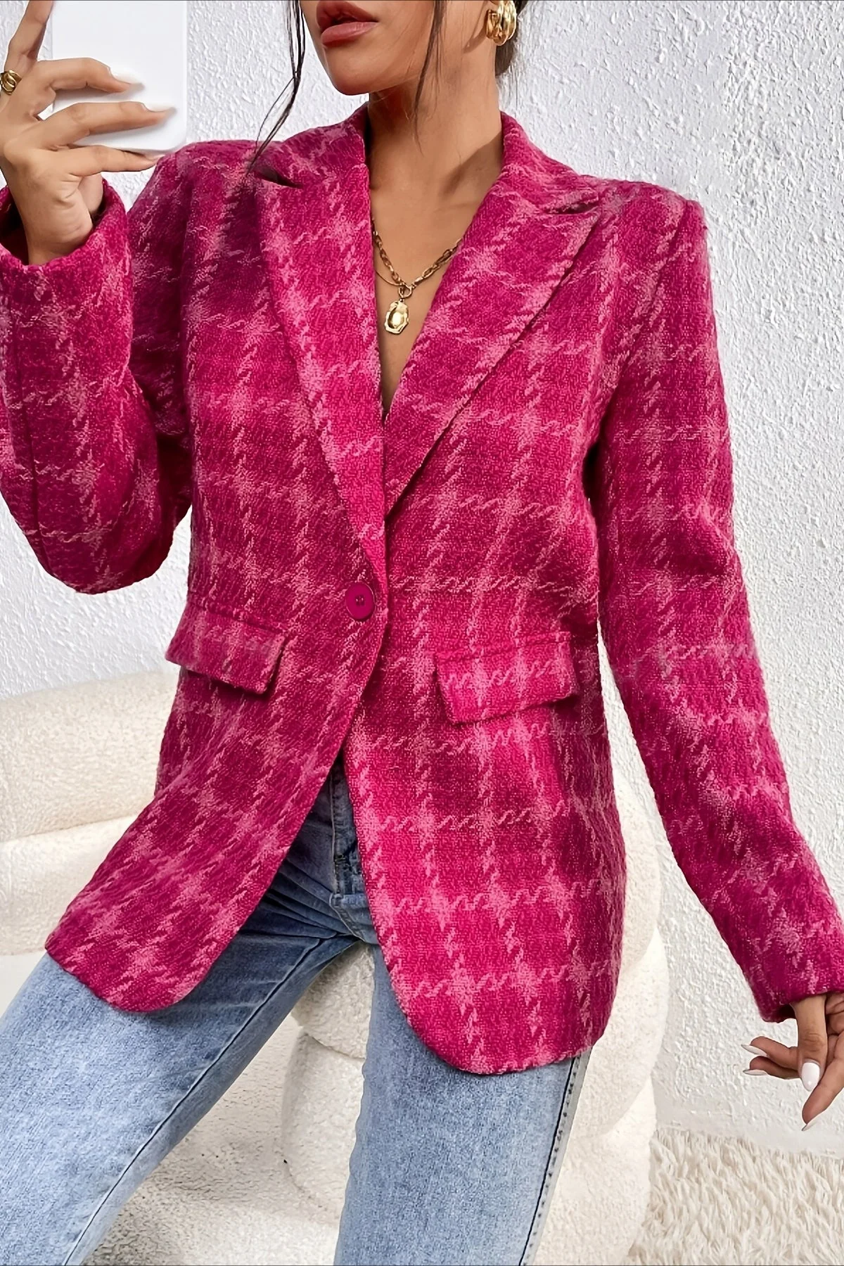 Red Plaid Elegant Blazer Coat - Image 4