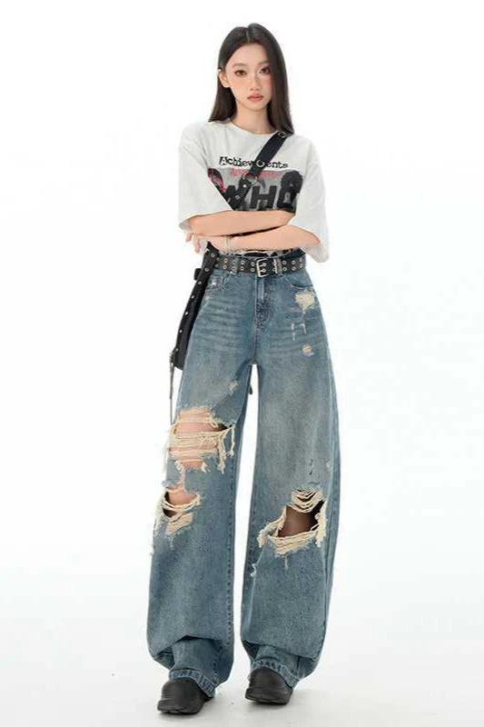 Retro Distressed Long Straight Leg Jeans - Image 2