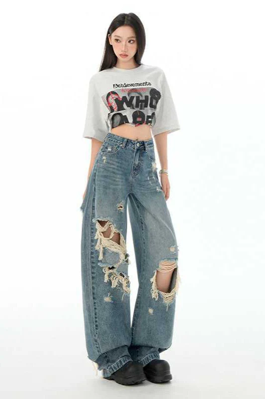 Retro Distressed Long Straight Leg Jeans - Image 3