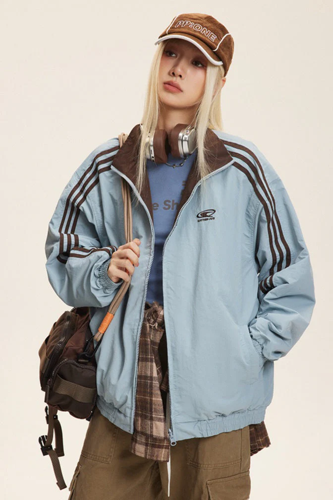 Reversible Stand Collar Colorblock Jacket - Image 13