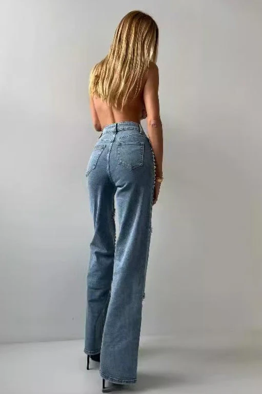 Rhinestone Patch Straight Leg Jeans - Image 5