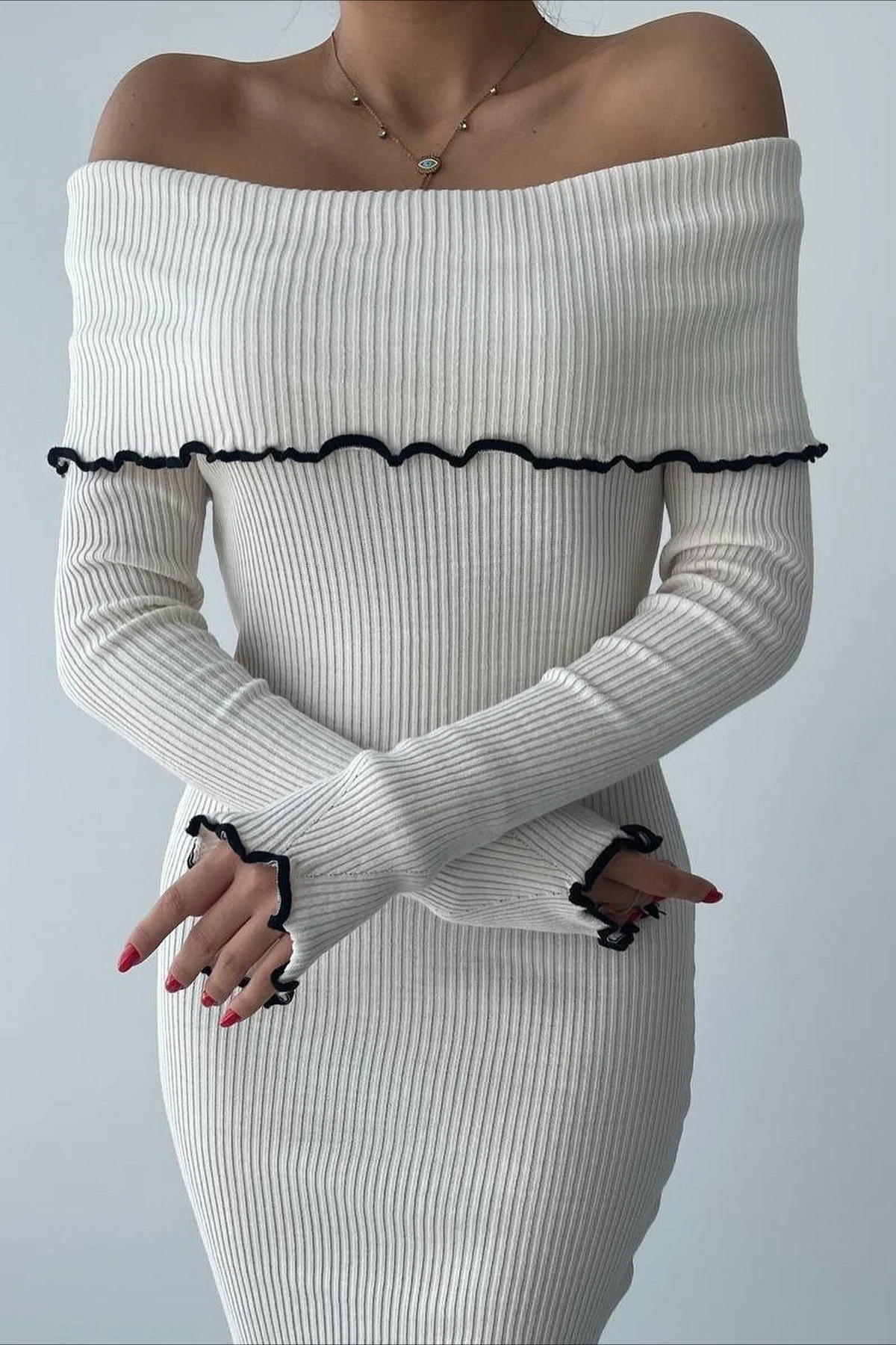 Ribbed Off Shoulder Color Block Knit Sweater Dress - Image 2
