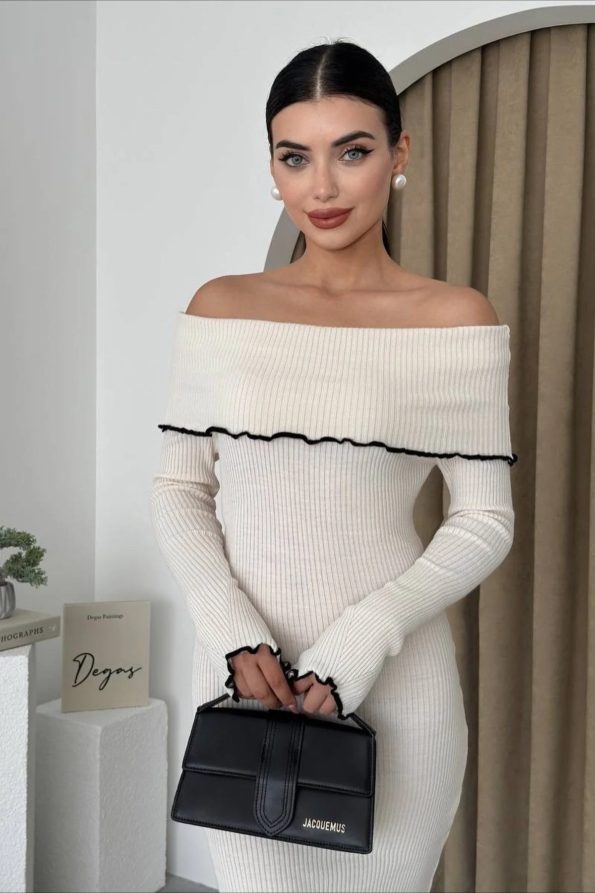 Ribbed Off Shoulder Color Block Knit Sweater Dress - Image 3