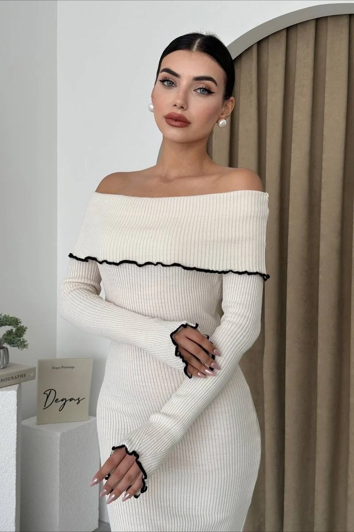 Ribbed Off Shoulder Color Block Knit Sweater Dress - Image 4