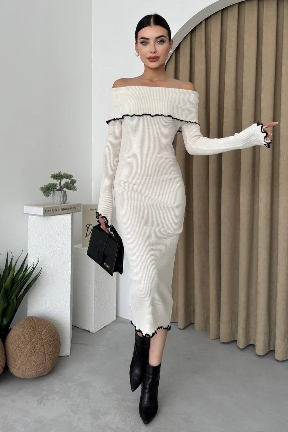 Ribbed Off Shoulder Color Block Knit Sweater Dress - Image 5