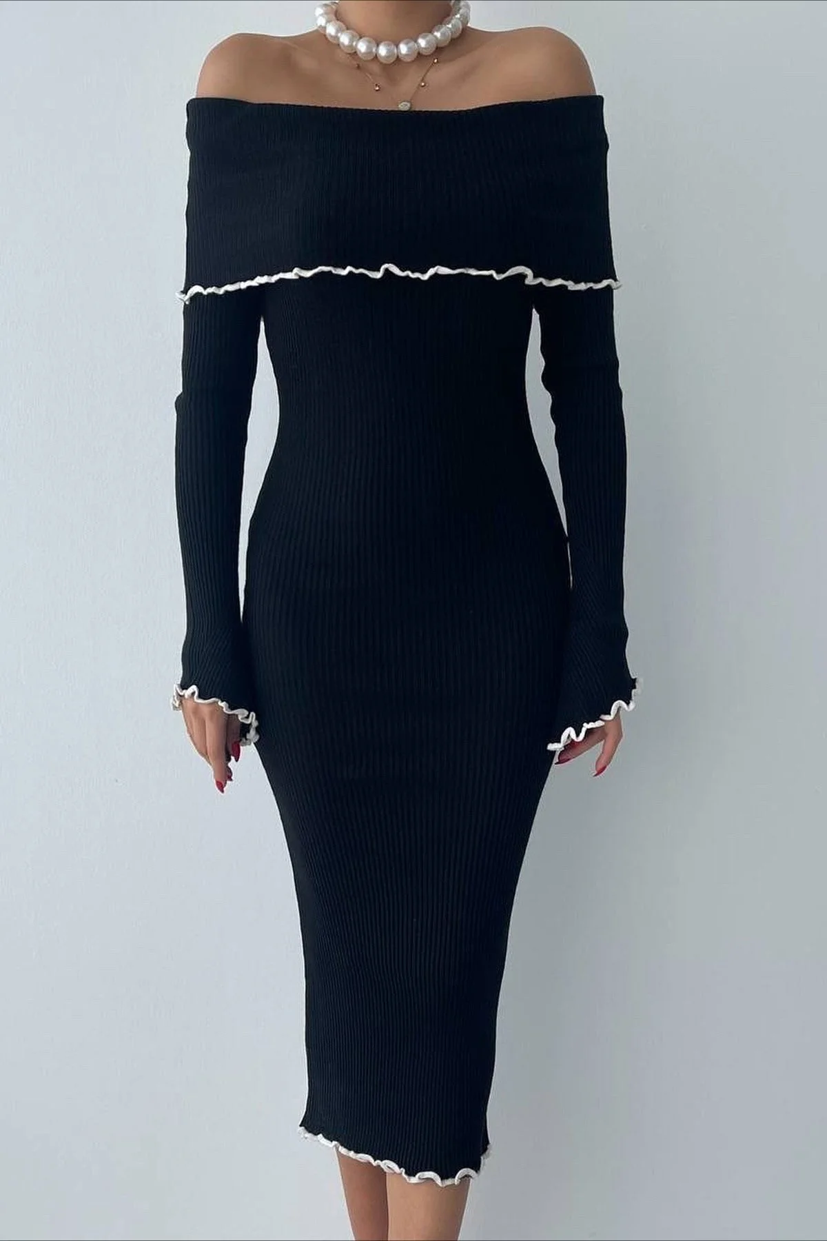 Ribbed Off Shoulder Color Block Knit Sweater Dress - Image 6