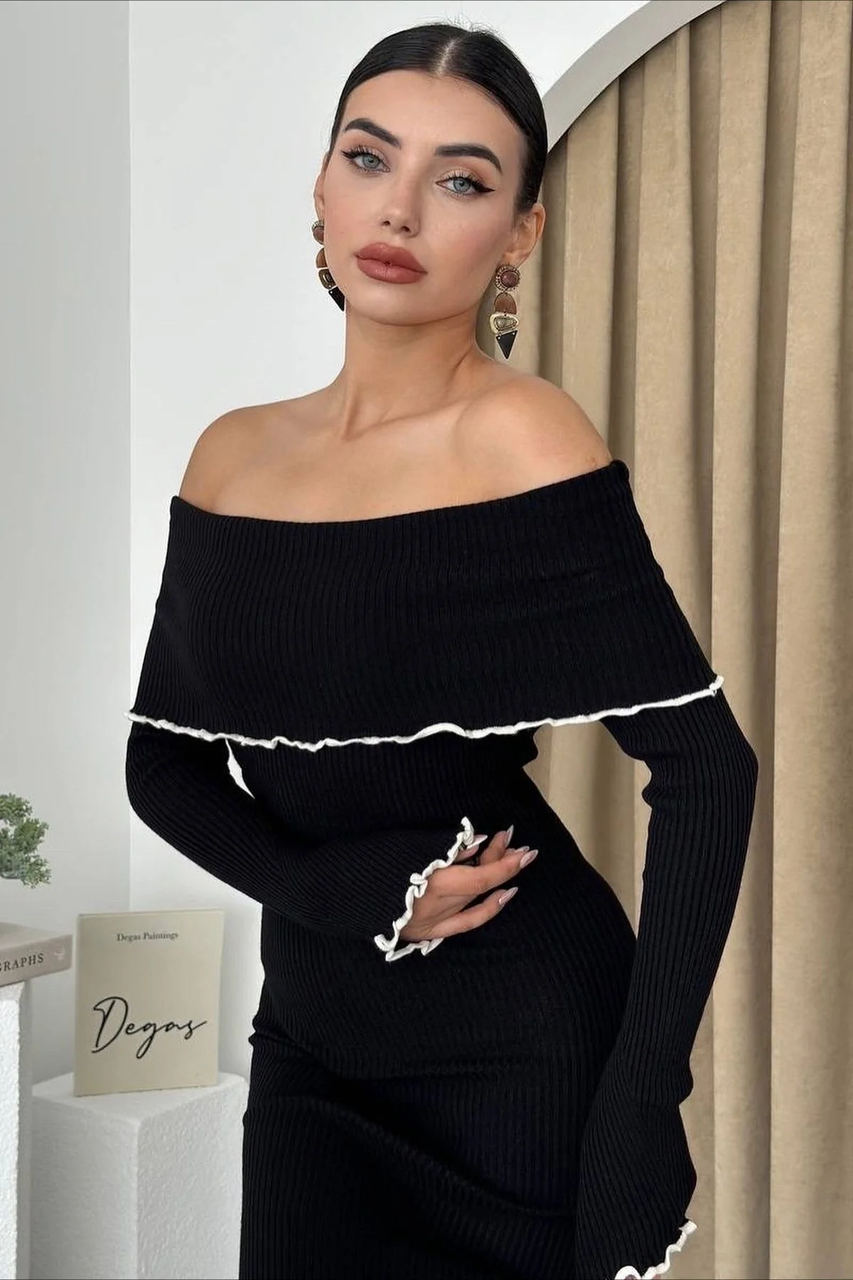 Ribbed Off Shoulder Color Block Knit Sweater Dress - Image 7