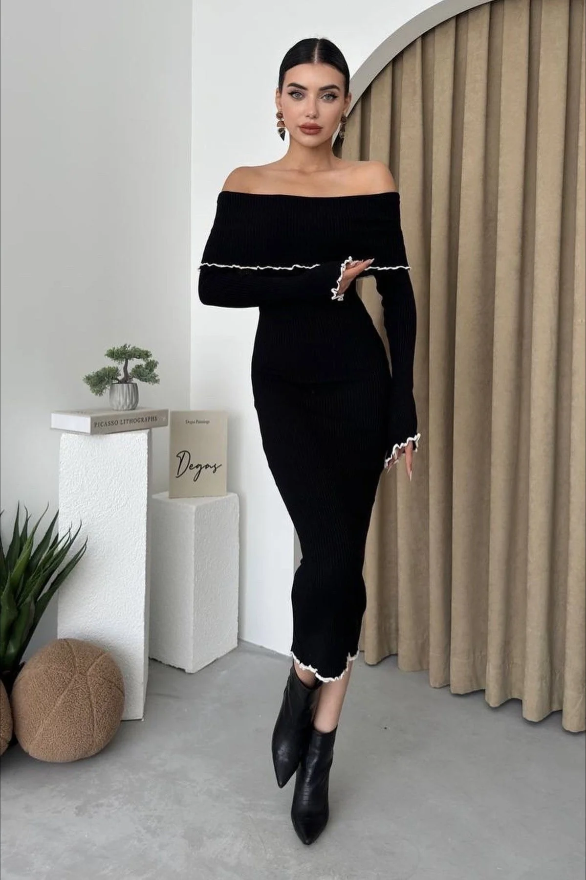 Ribbed Off Shoulder Color Block Knit Sweater Dress - Image 8