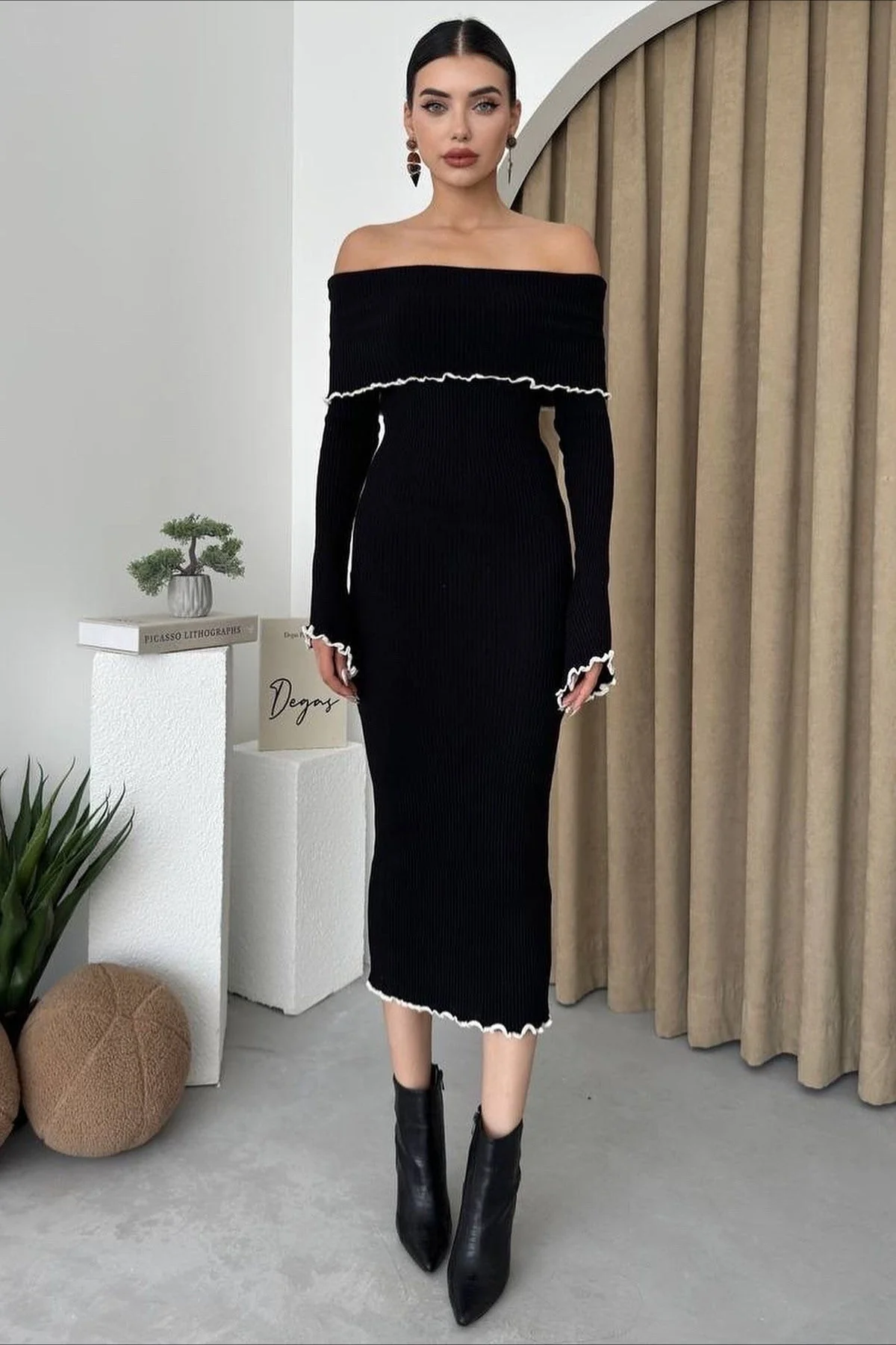 Ribbed Off Shoulder Color Block Knit Sweater Dress - Image 9