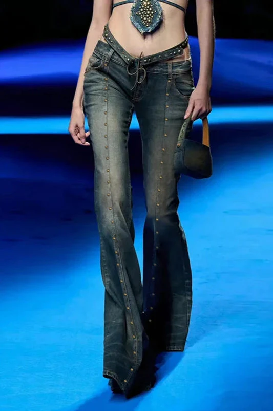 Rivet Stitch Low Rise Flared Jeans - Image 14