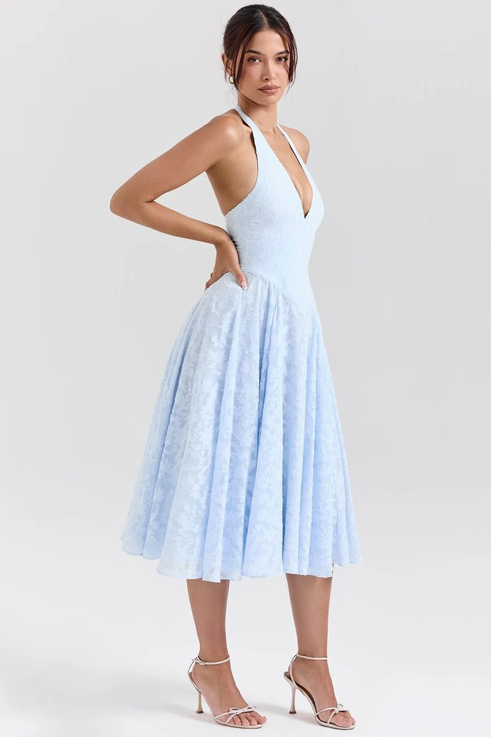 Romantic Blue Halter Jacquard Party Dress - Image 2