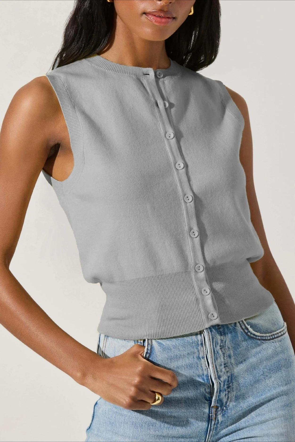 Round Neck Button Front Knit Top - Image 4
