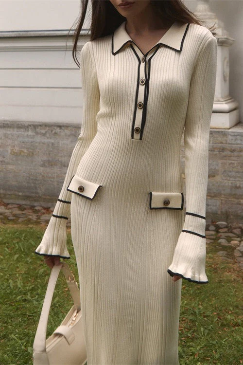 Ruffled Knit Collared Fitted Sweater Dress - Image 4