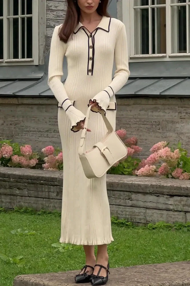 Ruffled Knit Collared Fitted Sweater Dress - Image 5