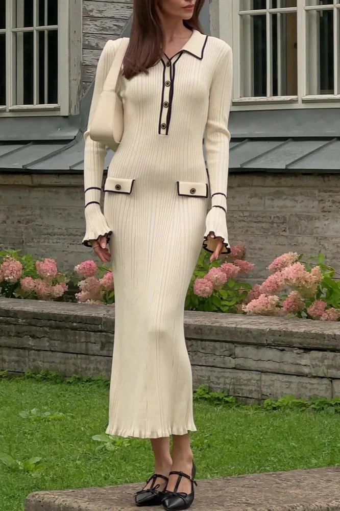 Ruffled Knit Collared Fitted Sweater Dress - Image 6