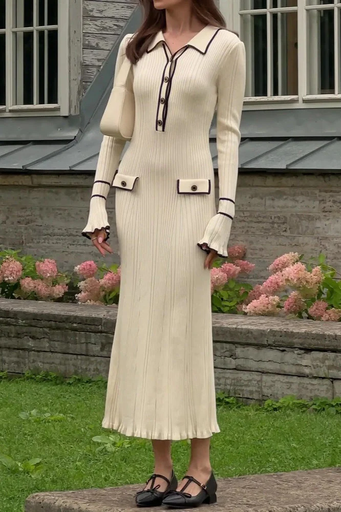 Ruffled Knit Collared Fitted Sweater Dress - Image 7