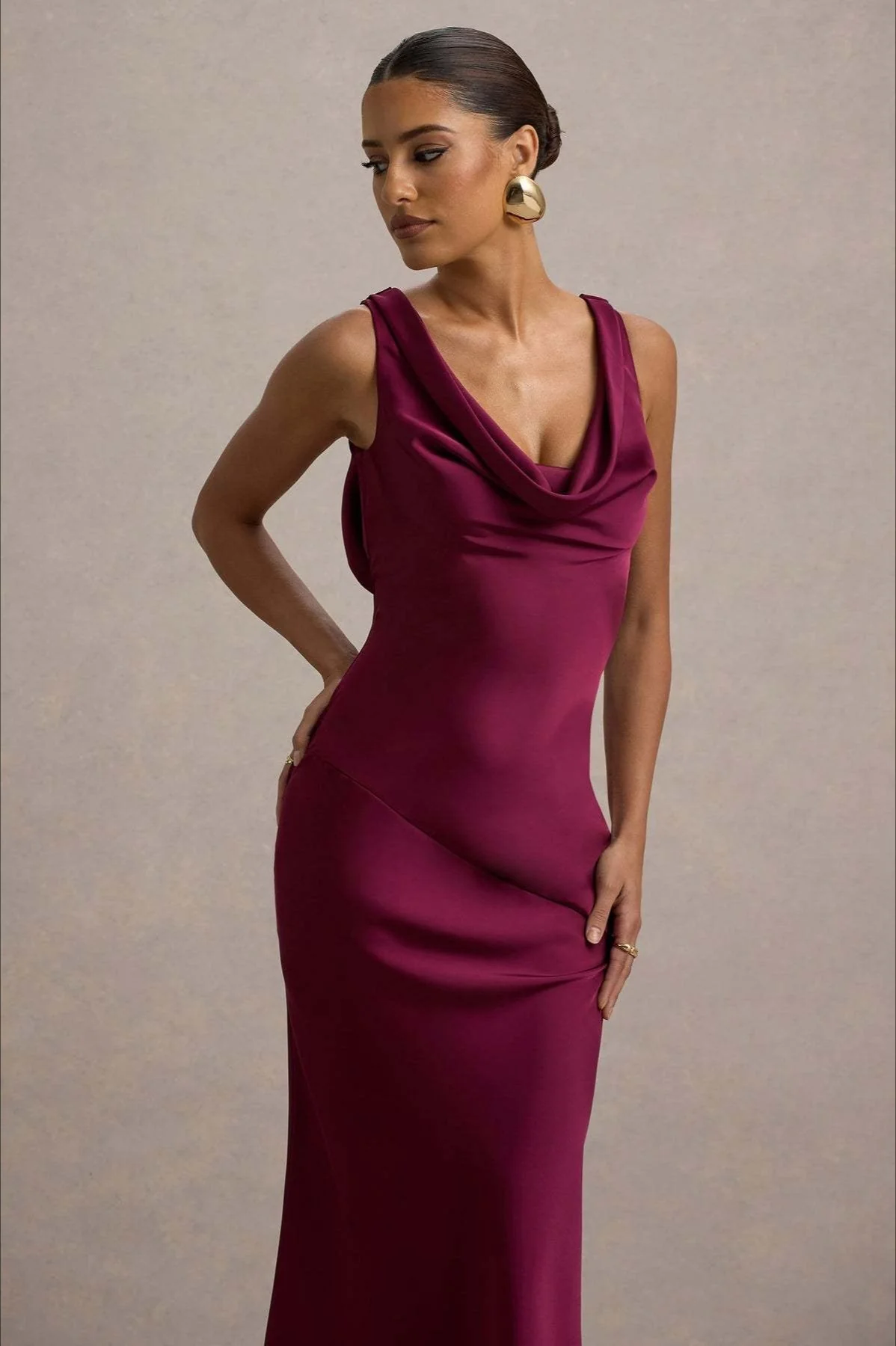 Satin Cowl Neck Fishtail Party Dress - Image 9