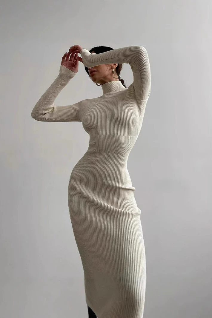 Semi-High Neck Slim Fitted Knit Sweater Dress - Image 4
