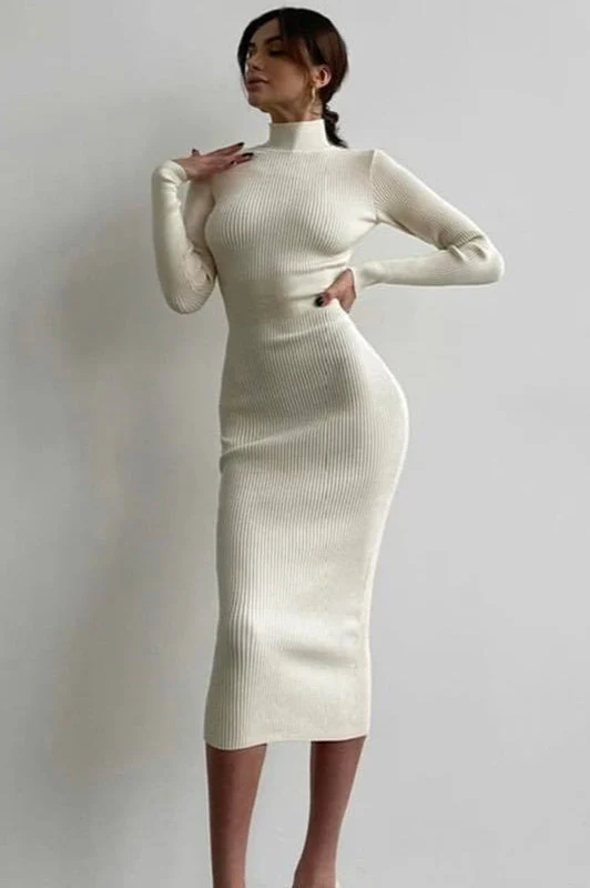 Semi-High Neck Slim Fitted Knit Sweater Dress - Image 5