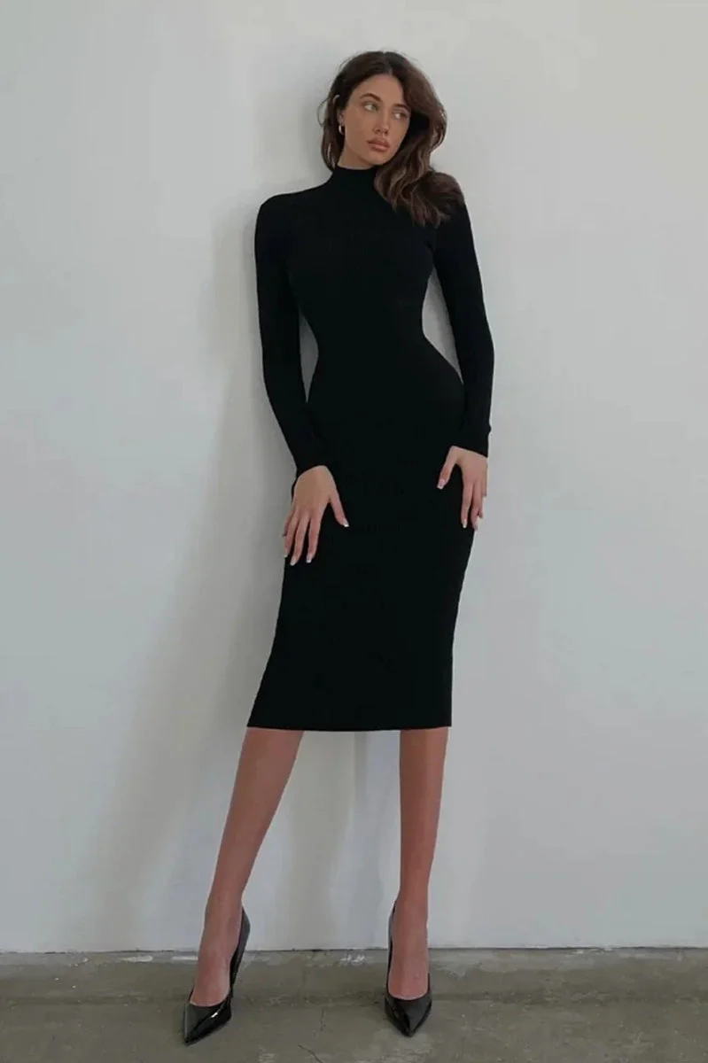 Semi-High Neck Slim Fitted Knit Sweater Dress - Image 6